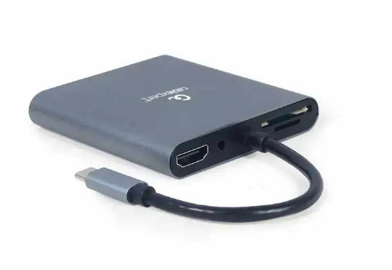 GEMBIRD A-CM-COMBO6-01 kelių prievadų adapteris C tipo USB 6in1 Hub3.1 HDMI VGA PD kortelių skaitytuvas stereofoninis garsas erdvinis pilkas