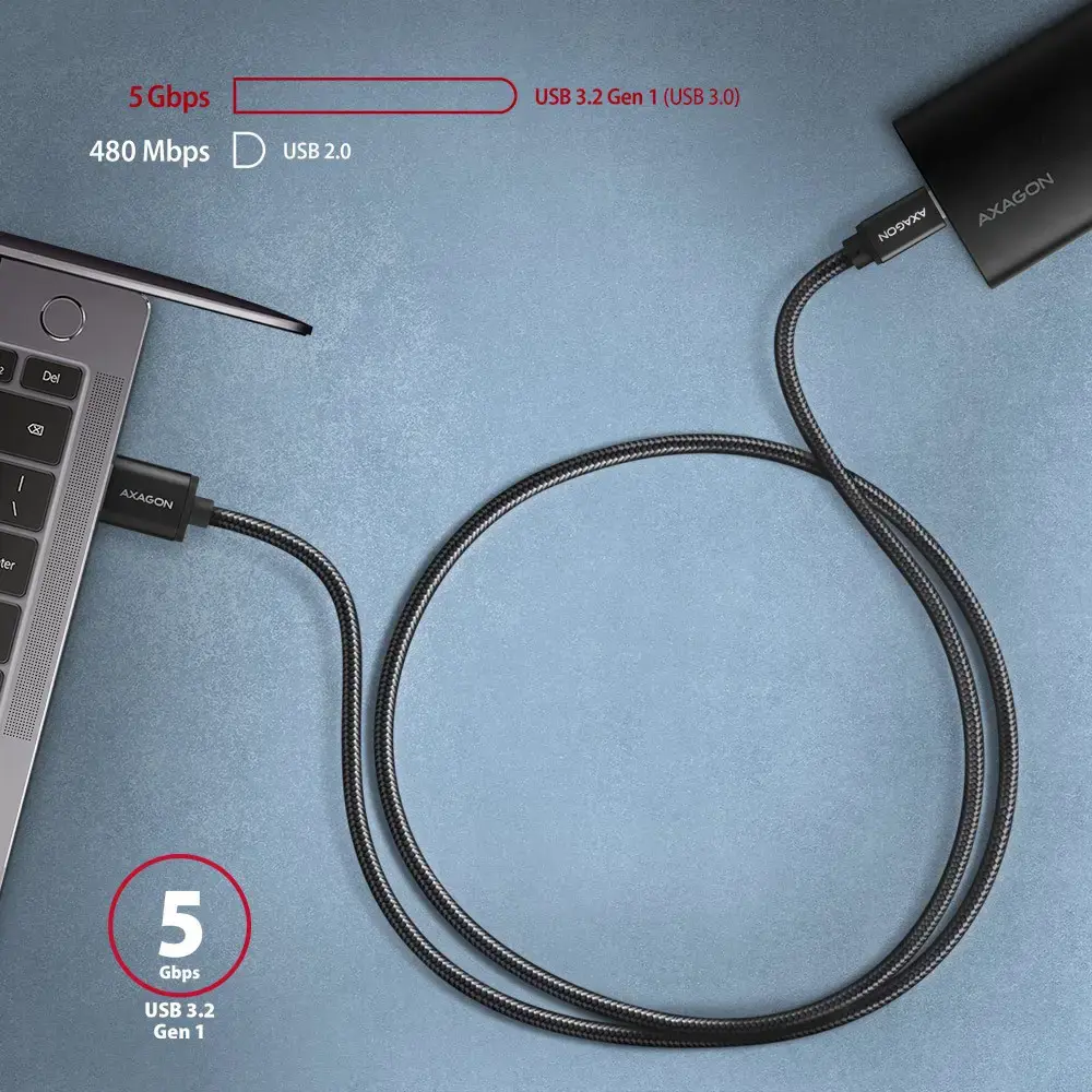 Axagon Duomenų perdavimo ir įkrovimo USB 3.2 Gen1 kabelis, ilgis 1,5 m. 3A. Juodos spalvos pintas.