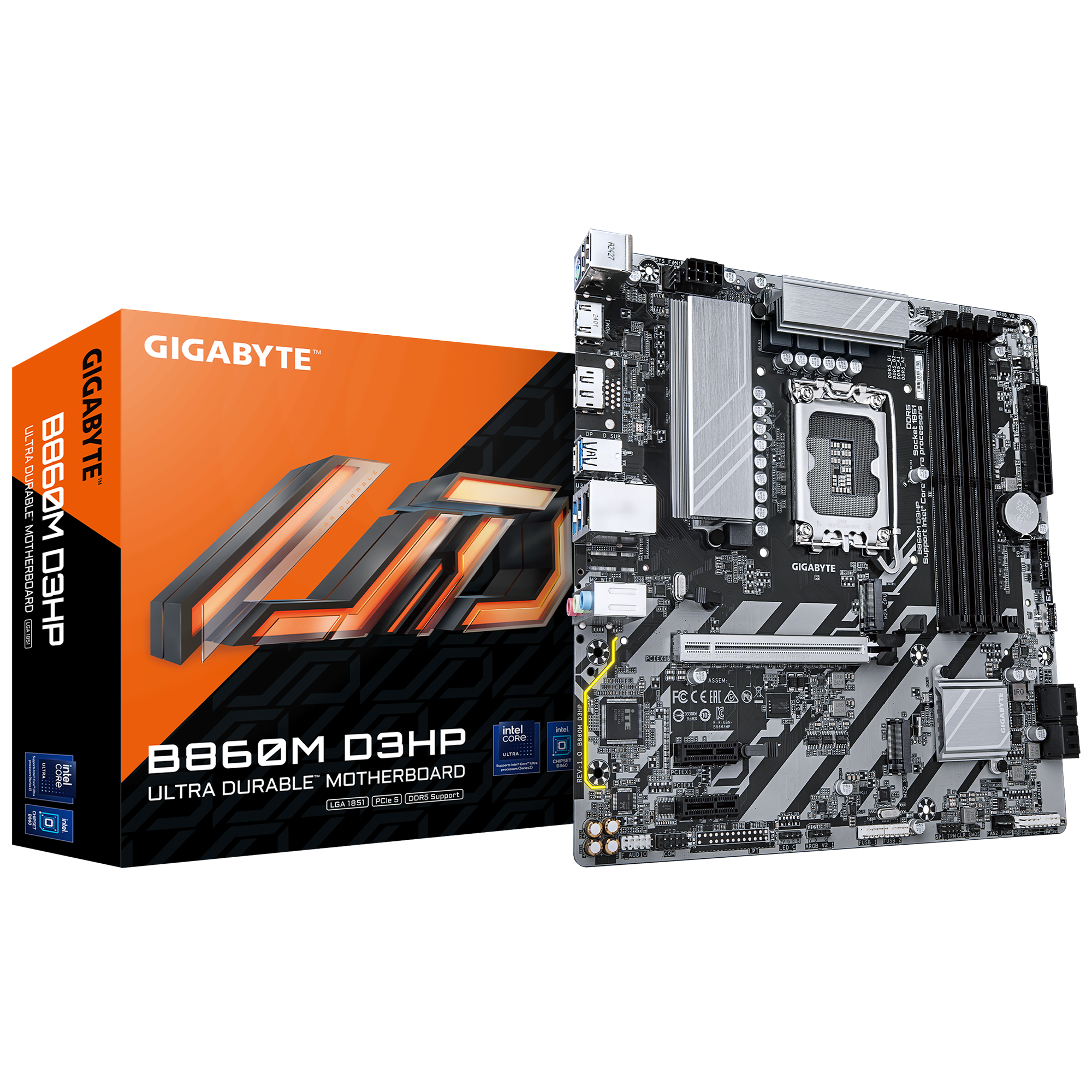 Mainboard GIGABYTE Intel B860 Express LGA1851 Micro-ATX Memory DDR5 Memory slots 4 2xPCI-Express 1x 1xPCI-Express 16x 2xM.2 1xHDMI 1xDisplayPort 1xAudio-In 1xAudio-Out 1xMicrophone 3xUSB 2.0 3xUSB 3.2 1xPS/2 1xRJ45 B860MD3HP1.0