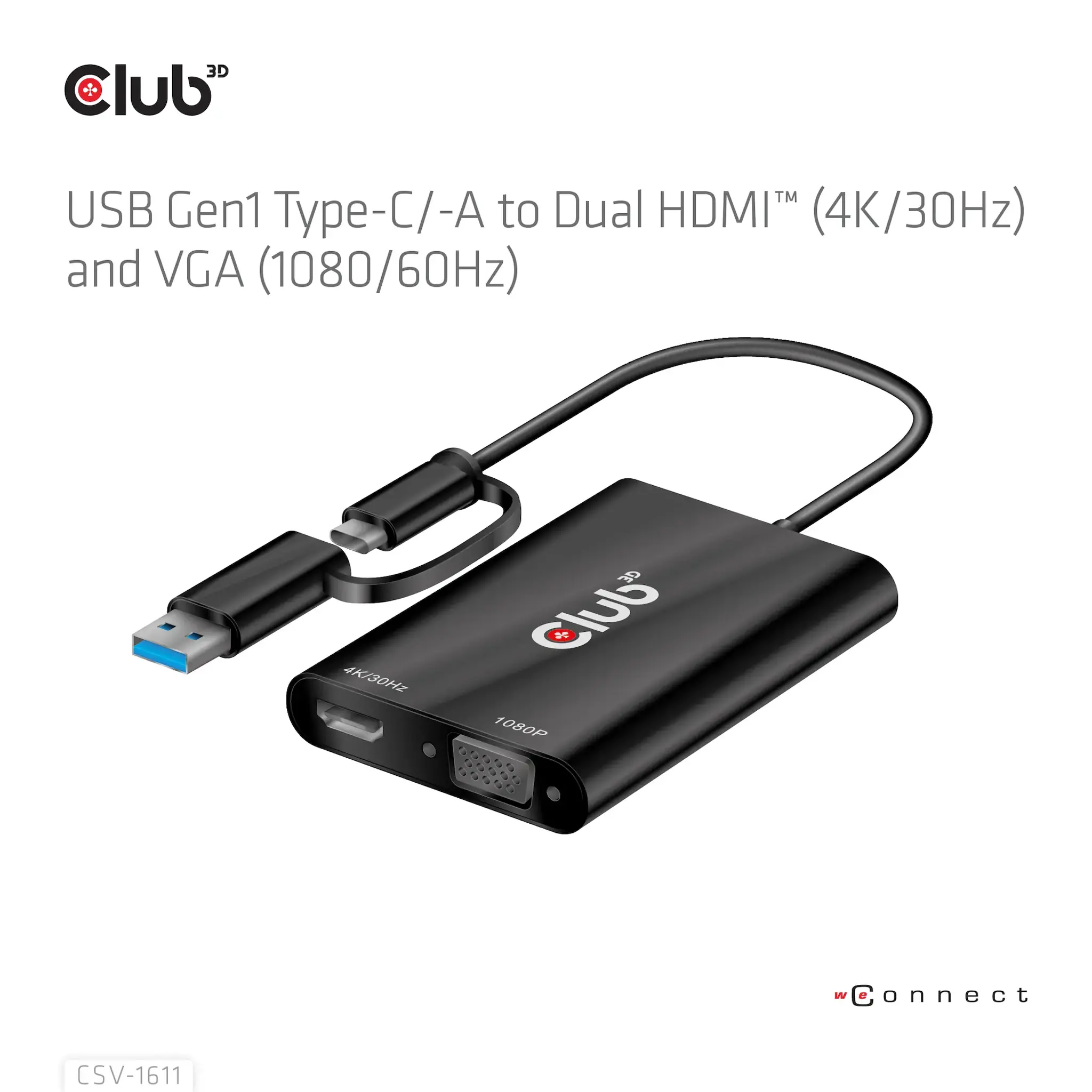 CLUB3D USB Gen1 Type-C/-A to Dual HDMI (4K/30Hz) / VGA (1080/60Hz), 0.22 m, USB Type-C, HDMI + VGA (D-Sub), Male, Female, Straight