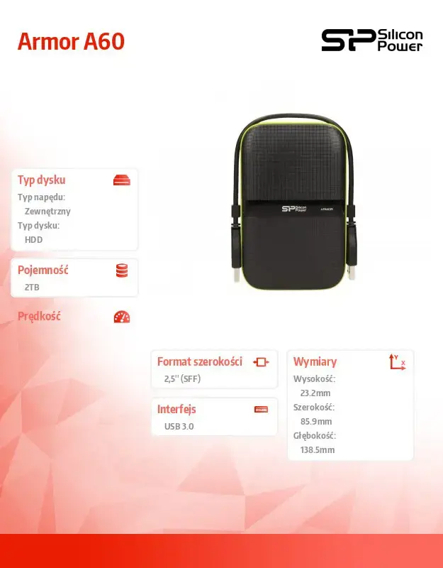 SILICONPOW SP020TBPHDA60S3K Išorinis kietasis diskas Silicon Power Armor A60 2.5 2TB USB 3.0, IPX4, juodas