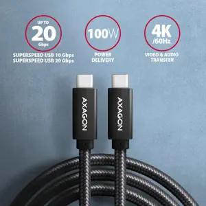 Axagon Duomenų ir įkrovimo USB 3.2 Gen 2 kabelio ilgis 2 m. PD 100 W, 5 A, 4K HD vaizdo įrašas. Juodos spalvos pintas.
