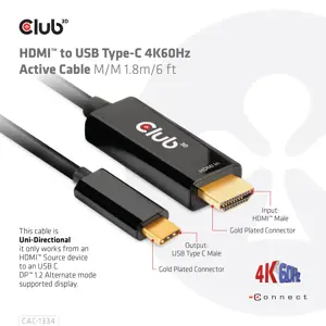 CLUB3D HDMI to USB Type-C 4K60Hz Active Cable M/M 1.8m/6 ft, 1.8 m, HDMI Type A (Standard), USB Type-C, Male, Male, Meets ROHS, FCC, and CE EMI requirements Note: - Please update your TV Firmware to the version...