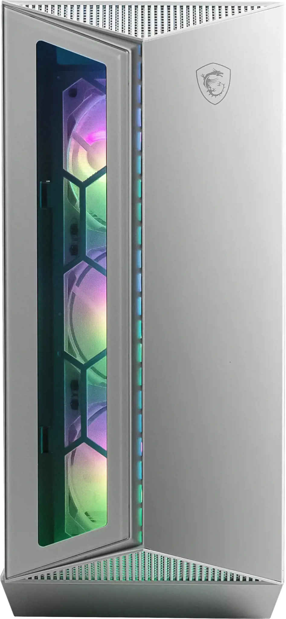 MSI MPG GUNGNIR 110R WHITE Vidutinio bokšto žaidimų kompiuterių korpusas "Baltas, 4x 120 mm ARGB ventiliatorius, 1-6 ARGB valdymo plokštė, C tipo USB, grūdintas stiklas, centrinis, ATX, mATX, mini-ITX", Vidutinio bokšto, kompiuteris, baltas, ATX, micro ATX, mini-ITX, metalinis, žaidimų