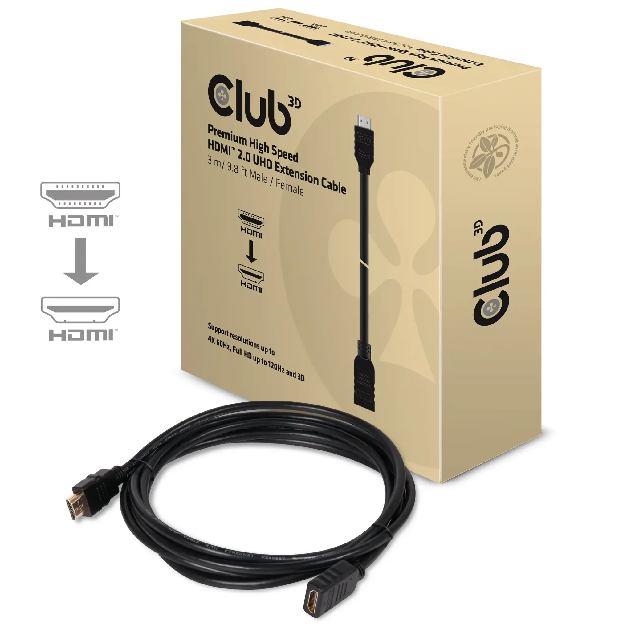 CLUB 3D CAC-1321 HDMI2.0 EXTENSION CABLE 3METER M/F