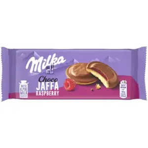 Sausainiai MILKA Jaffa, su aviečių skonio įdaru, 147 g