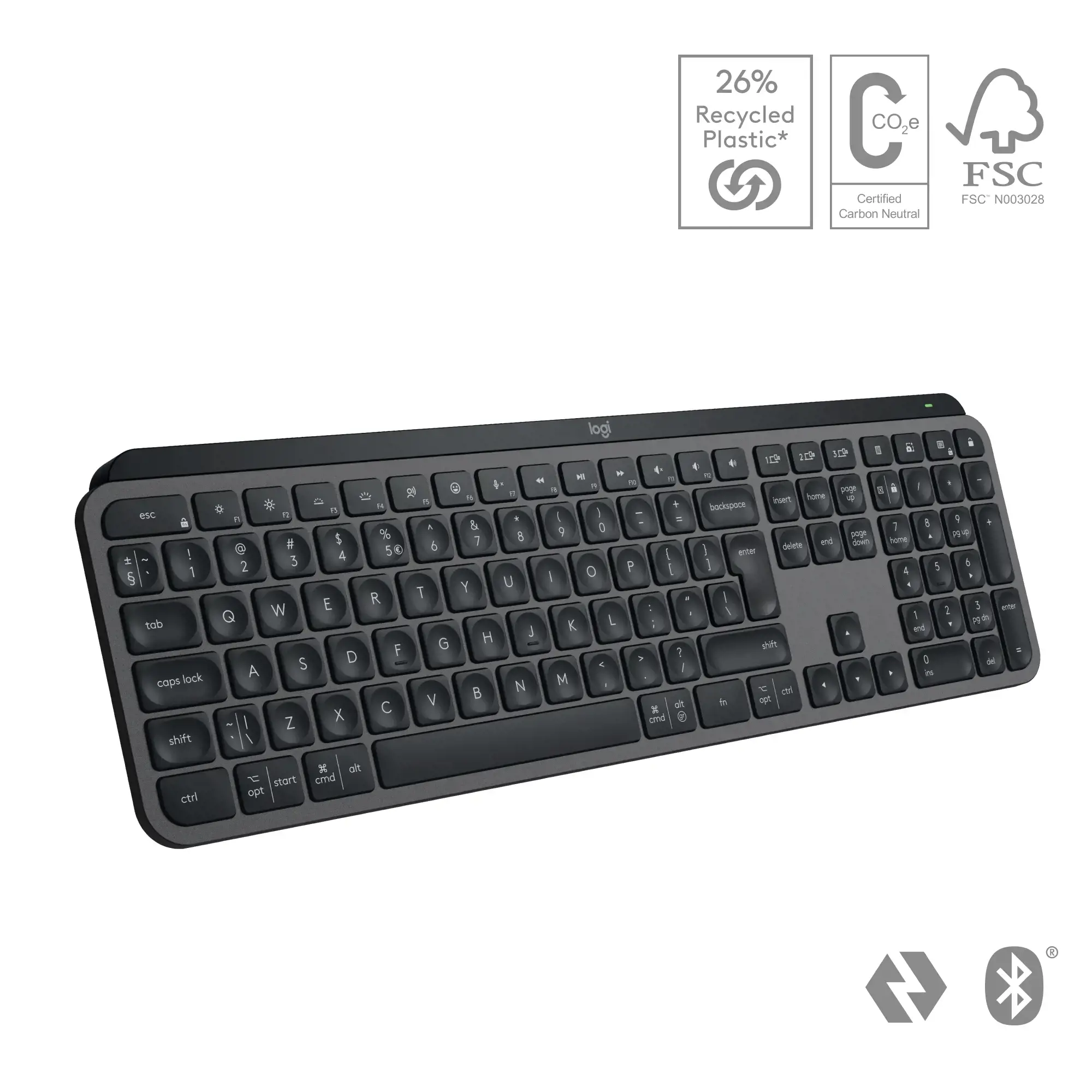 "Logitech MX Keys S", pilno dydžio (100 %), RF belaidis + "Bluetooth", žirklinis klavišų jungiklis, QWERTY, šviesos diodas, grafito spalvos