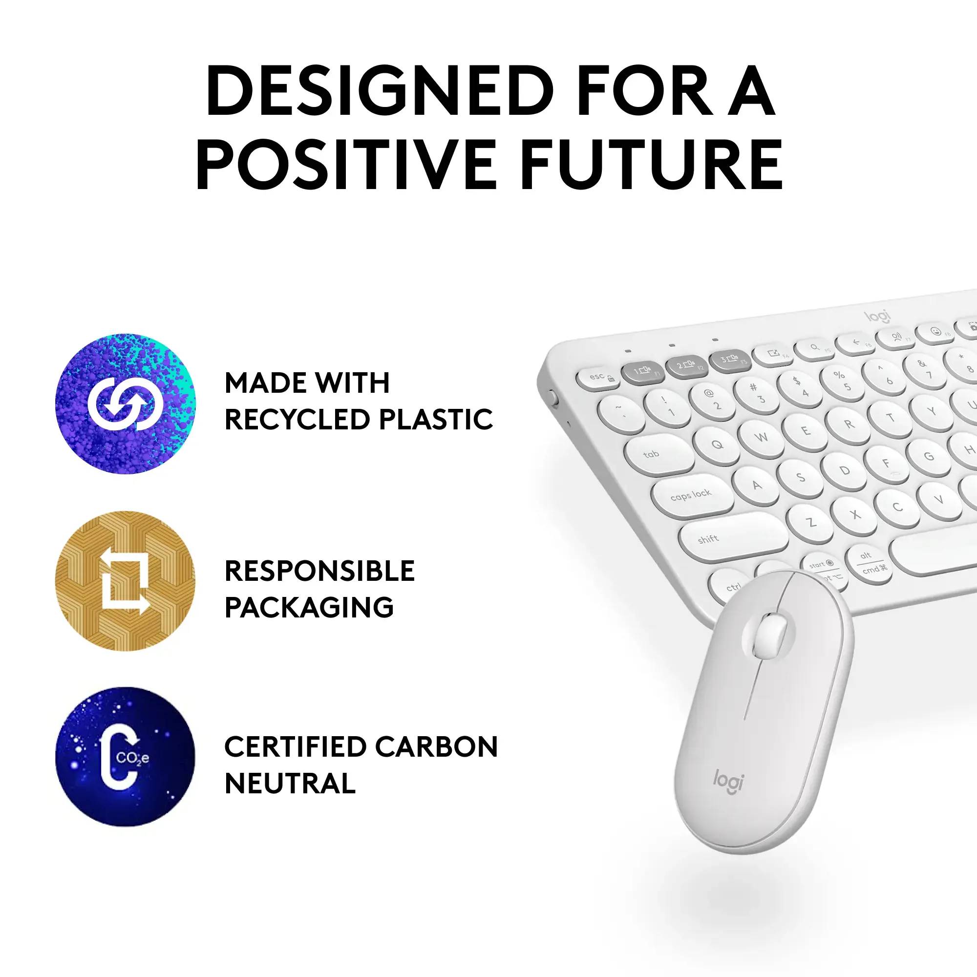 Logitech Pebble 2 Combo, Wireless, RF Wireless + Bluetooth, Scissor key switch, QWERTY, White, Mouse included
