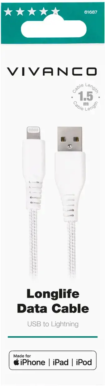 "Vivanco" kabelis USB - "Lightning" 1,5 m, baltas (61687)