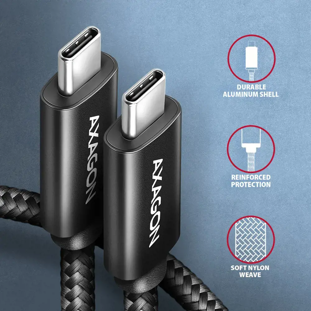 Axagon Data and charging USB 480Mbps cable length 2.5 m. PD 240W, 5A. Black braided.