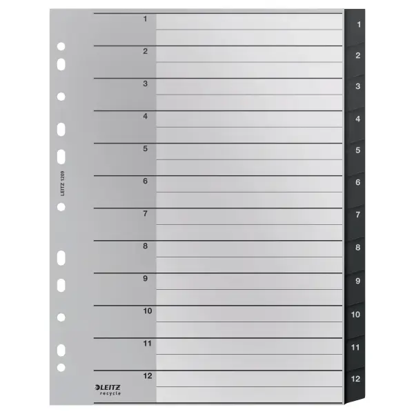 Skiriamieji lapai Leitz Recycle, 1-12, A4 MAXI, PP, juodos salvos