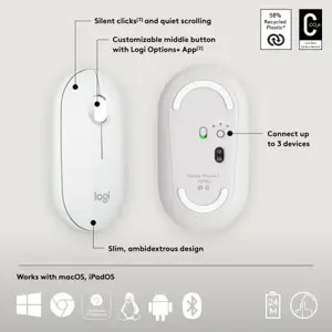 "Logitech Pebble 2 M350s", dvipusis, optinis, RF belaidis + "Bluetooth", 4000 DPI, baltas