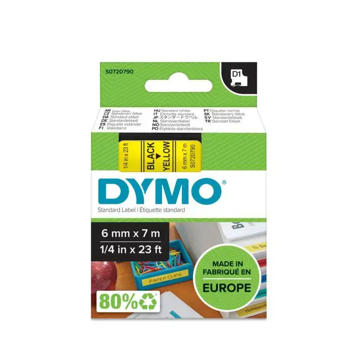 Dymo label printer tape D1 6mmx7m, black/yellow