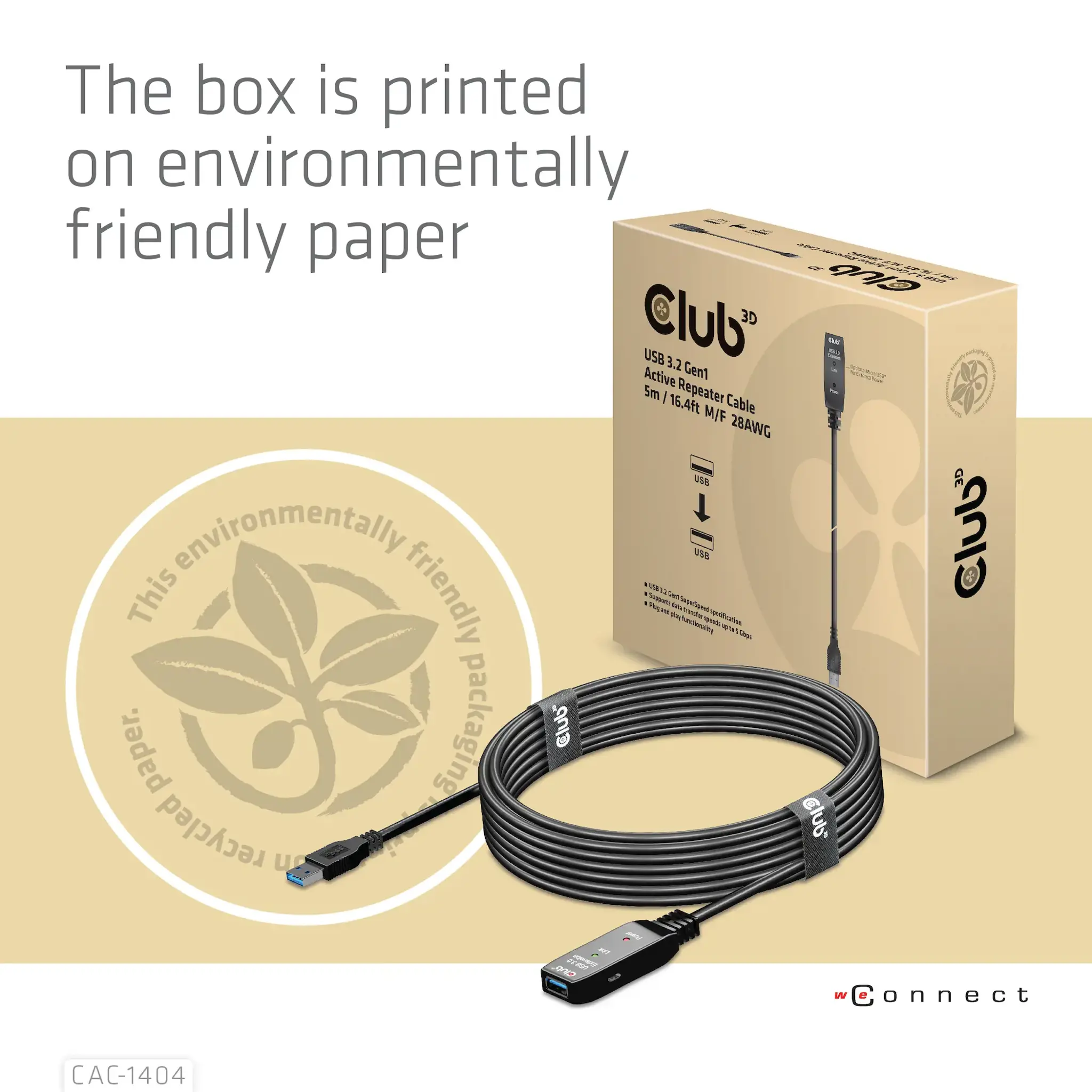 CLUB3D USB 3.2 Gen1 Active Repeater Cable 5m/ 16.4 ft M/F 28AWG, 5 m, USB A, USB A, USB 3.2 Gen 1 (3.1 Gen 1), Black