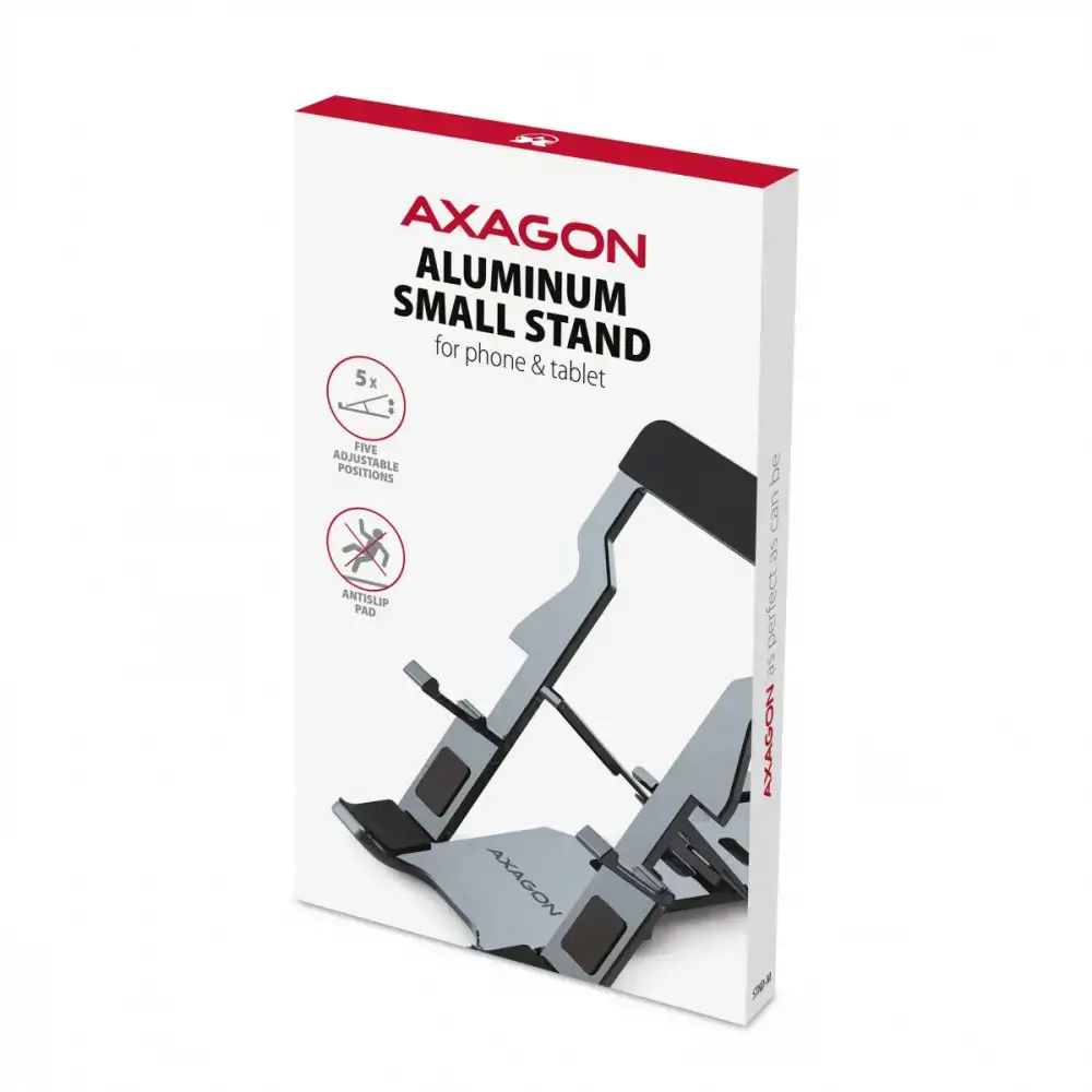 "Axagon STND-M PHONE / TABLET STANDAlumininis stovas 4" - 10,5" telefonams ir planšetiniams kompiuteriams. Penkios reguliuojamos padėtys.