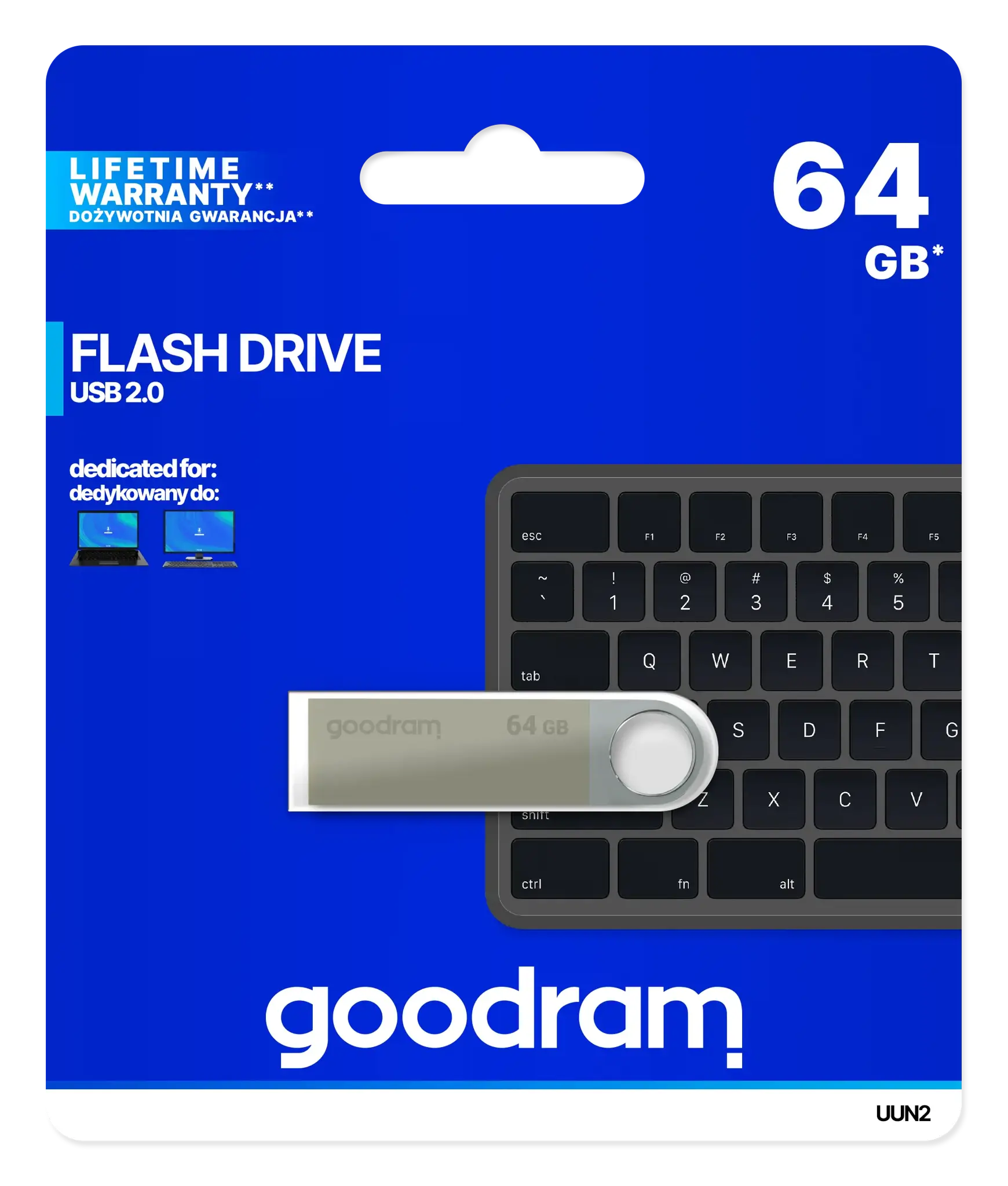 "Goodram UUN2", 64 GB, A tipo USB, 2.0, 20 MB/s, be dangtelio, sidabrinės spalvos