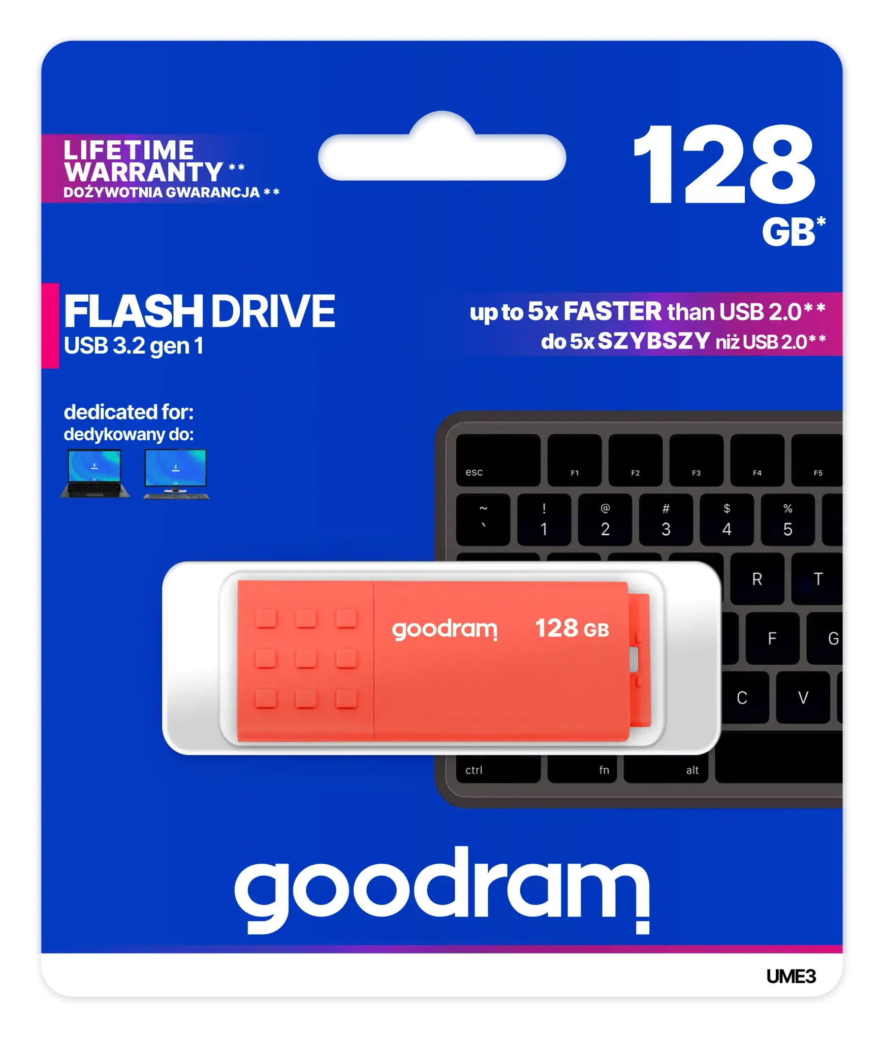 "Goodram UME3", 128 GB, A tipo USB, 3.2 Gen 1 (3.1 Gen 1), 60 MB/s, dangtelis, oranžinė