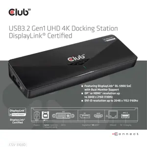 CLUB3D CSV-3103D The Club 3D Universal USB 3.1 Gen 1 UHD 4K Docking station DisplayLink™, Wired, USB 3.2 Gen 1 (3.1 Gen 1) Type-A, 1.4a, USB, 10,100,1000 Mbit/s, Black