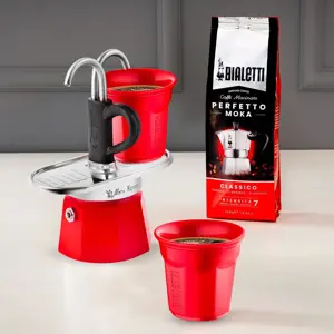 "Bialetti Mini Express" kavos aparatas raudonas 2tz + 2 puodeliai