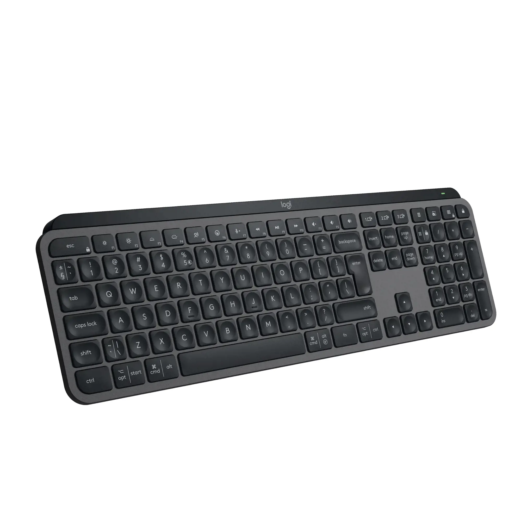"Logitech MX Keys S", pilno dydžio (100 %), RF belaidis + "Bluetooth", žirklinis klavišų jungiklis, QWERTY, šviesos diodas, grafito spalvos
