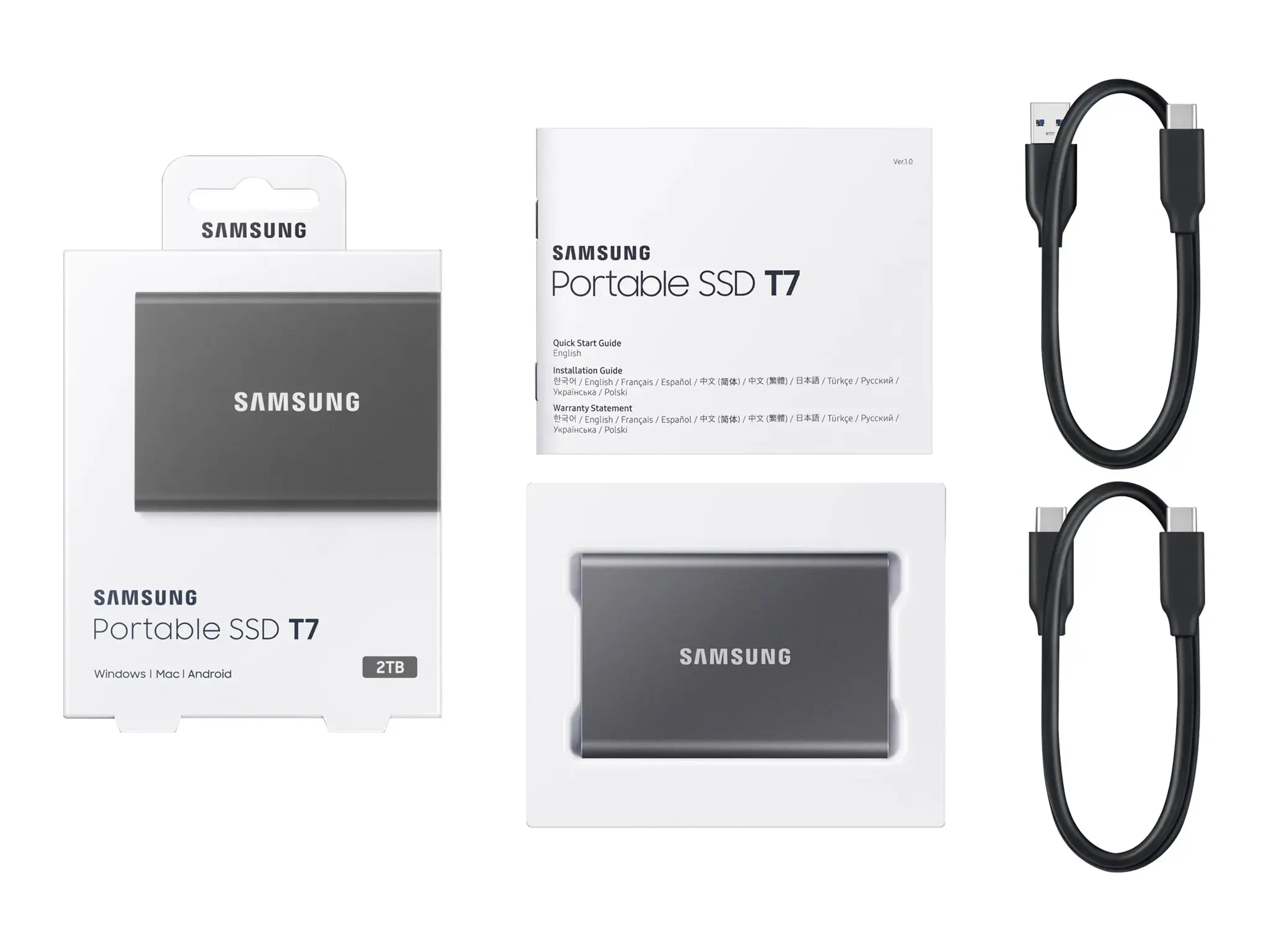 "Samsung" nešiojamasis SSD diskas T7, 2000 GB, C tipo USB, 3.2 Gen 2 (3.1 Gen 2), 1050 MB/s, apsauga nuo slaptažodžio, pilkas