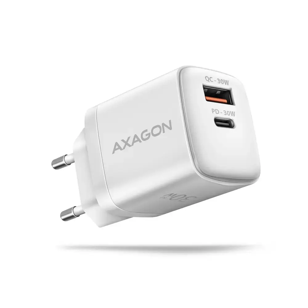 "Axagon Sil" sieninis įkroviklis su 2 prievadais (USB-A + USB-C), PD3.0/QC4+/PPS/AFC/Apple. 30 W bendra galia.