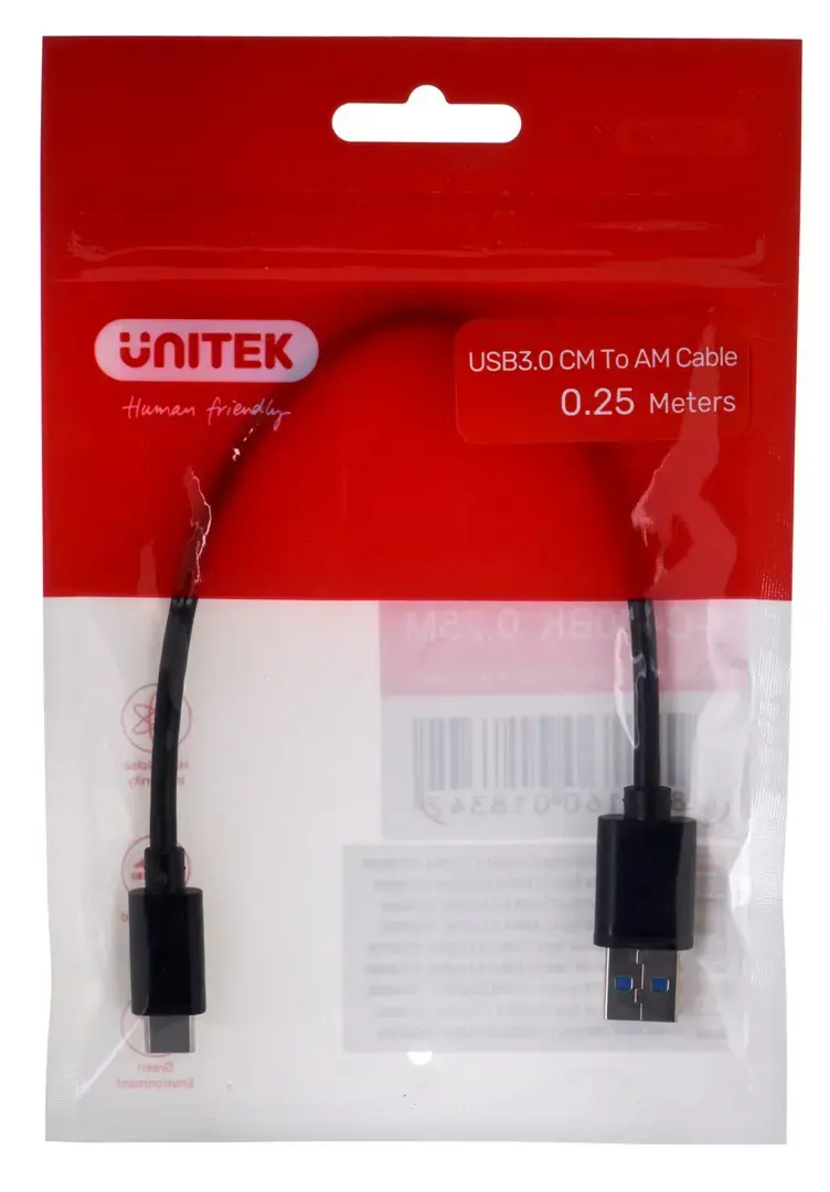 UNITEK KABELIS USB-A - USB-C 3.1. 0,25 m Y-C490BK