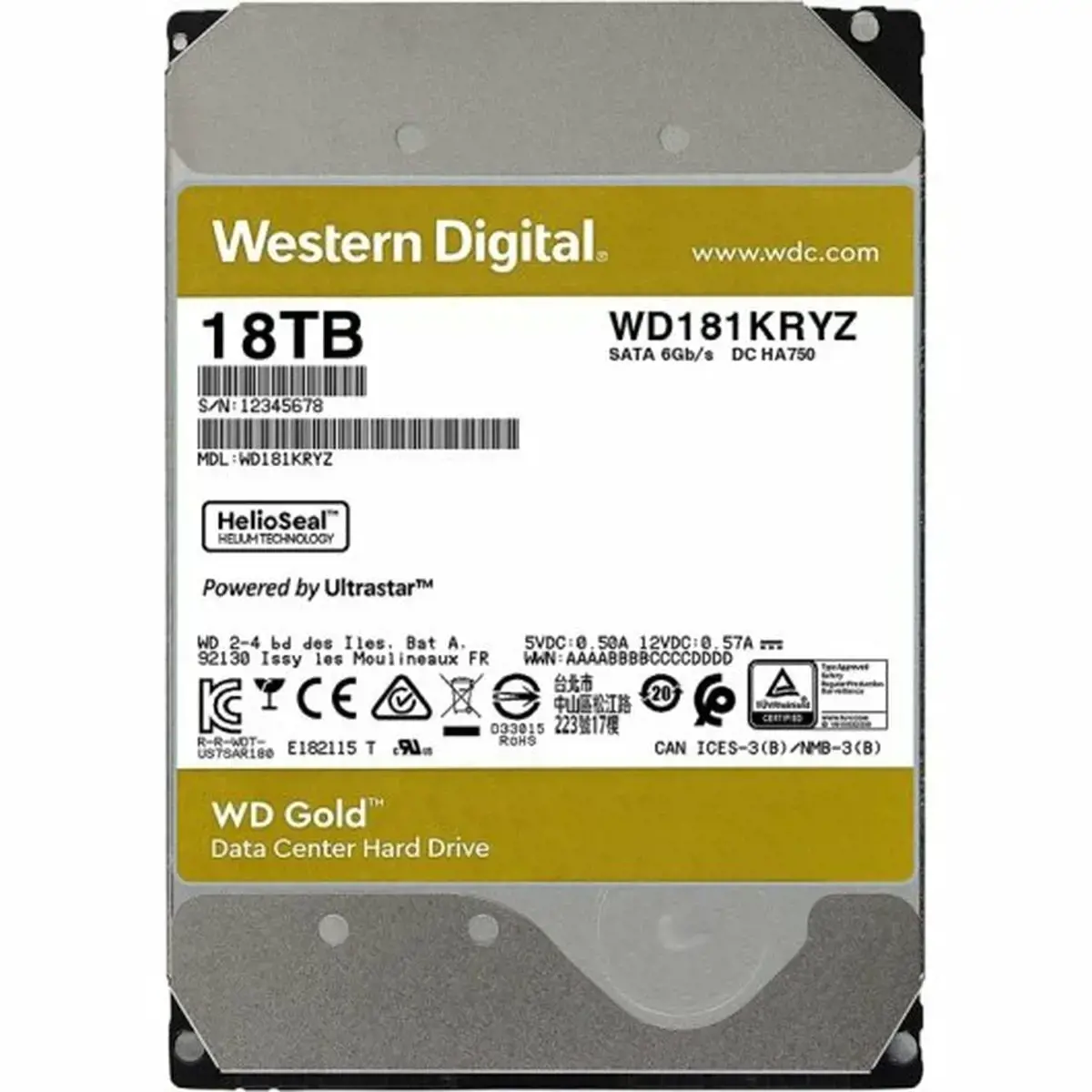 "WD Gold" 18 TB kietasis diskas 7200 aps./min 6Gb/s sATA 512 MB spartinančioji atmintis 3,5 colių vidinis RoHS reikalavimus atitinkantis kietasis diskas, skirtas įmonėms, nesupakuotas