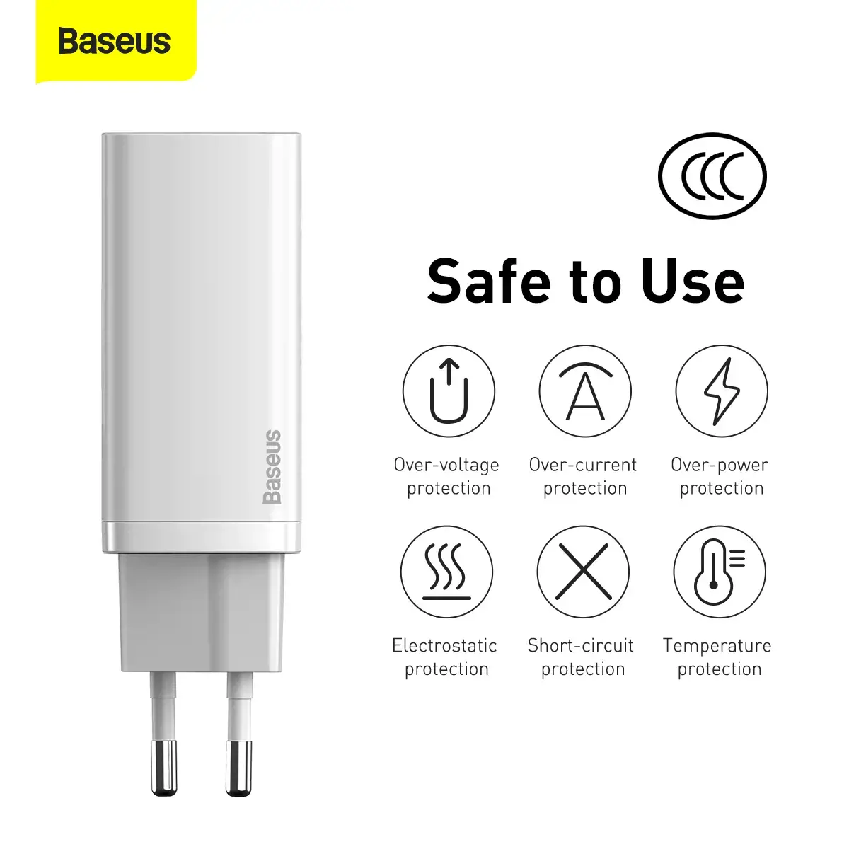"Baseus GaN2 Lite" greitasis kelioninis įkroviklis USB+C 65W EU White (baltas)