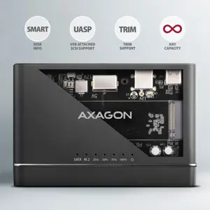 "Axagon" USB 3.2 Gen 2 adapteris, skirtas NVMe M.2 SSD ir SATA 2,5"/3,5" diskams prijungti su klonavimo funkcija.