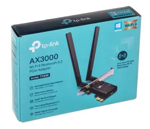 TP-Link ARCHER TX55E, belaidis, PCI Express, WLAN / "Bluetooth", "Wi-Fi 6" (802.11ax), 2402 Mbps, juodas