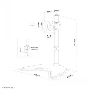 "Neomounts by Newstar" Pasirinkite "Neomounts" monitoriaus laikiklis ant stalo, prispaudžiamas/prisukamas/laisvai pastatomas, 10 kg, 25,4 cm (10"), 76,2 cm (30"), 100 x 100 mm, juodas
