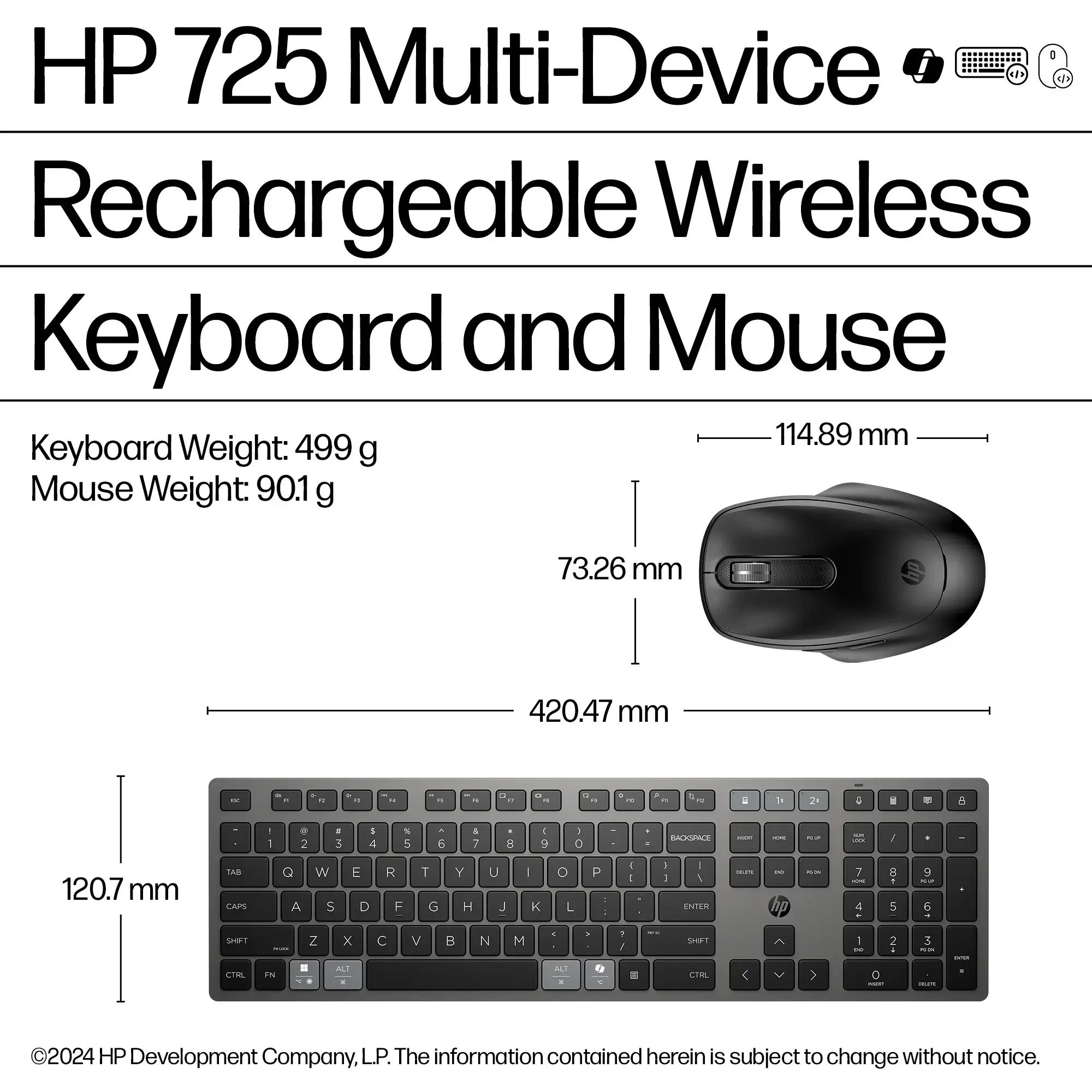 HP 725 Wireless Mouse Keyboard Combo - Multi-Device, Dual-Mode, Programmable, Rechargeable, 4000 dpi, spill resistant - Nightfall Black - ENG
