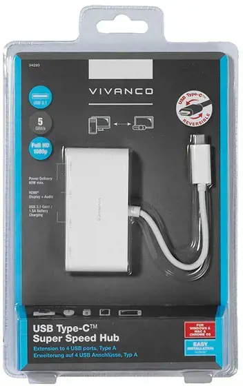 "Vivanco" USB šakotuvas USB-C 3.1, 4 prievadai, baltas (34292)