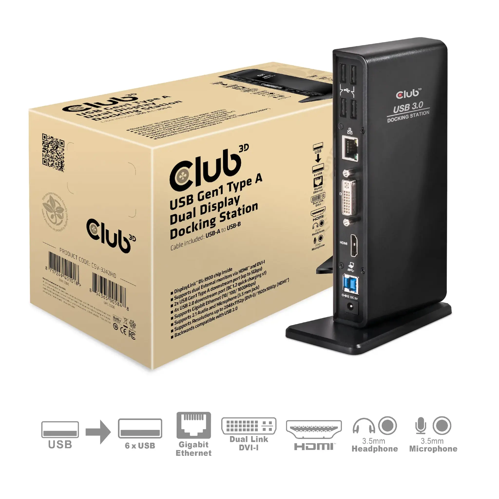 CLUB3D USB Gen1 Type A Dual Display ( HDMI and DVI) DisplayLink™ Docking Station, Wired, USB 3.2 Gen 1 (3.1 Gen 1) Type-A, 1.4a, 3.5 mm, USB Type-B, 10,100,1000 Mbit/s