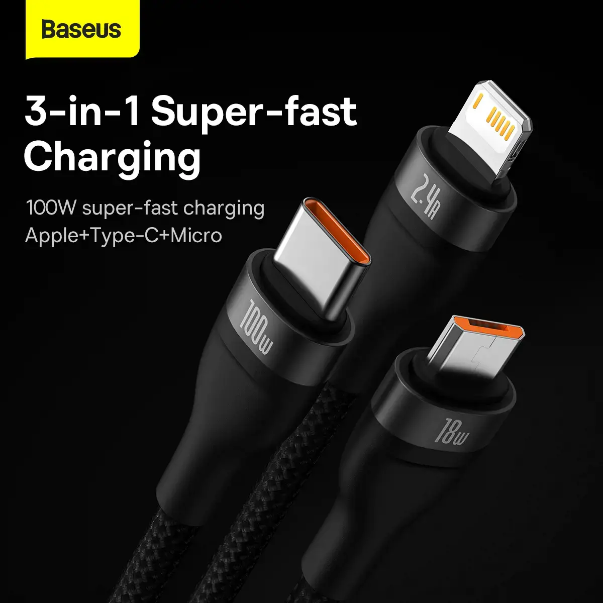 3in1 USB cable Baseus Flash Series, USB-C + micro USB + Lightning, 100W, 1.2m (black)