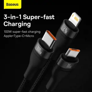 3in1 USB cable Baseus Flash Series, USB-C + micro USB + Lightning, 100W, 1.2m (black)