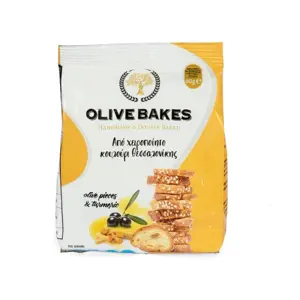 Duonos traškučiai OLIVE BAKES, su alyvuogėmis ir ciberžole, 80 g