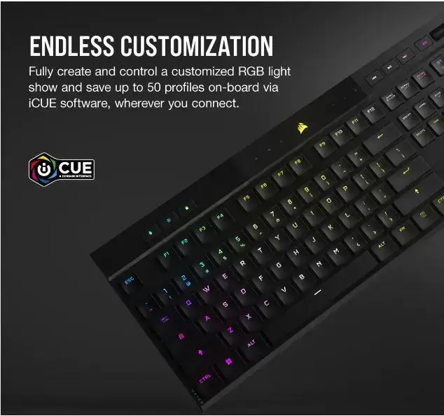 CORSAIR K100 RGB AIR belaidė itin plona mechaninė žaidimų klaviatūra su RGB LED apšvietimu CHERRY ULP Tactile Black
