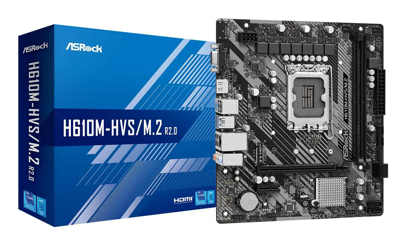 Pagrindinė plokštė ASROCK Intel H610 LGA1700 MicroATX Atmintis DDR4 Atminties lizdai 2 1xPCI-Express 3.0 1x 1xPCI-Express 4.0 16x 1xM.2 1x15pin D-sub 1xHDMI 1xAudio-In 1xAudio-Out 1xMikrofonas 4xUSB 2.0 2xUSB 3.2 1xPS/2 1xRJ45 H610M-HVS/M.2R2.0