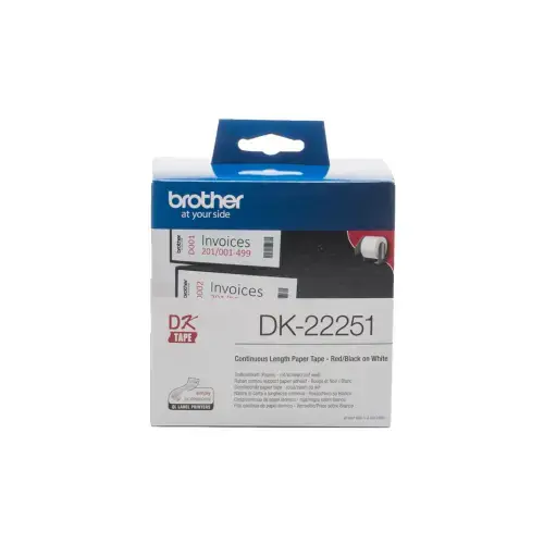 Brother DK-22251, juoda ir raudona ant baltos spalvos, DK, juoda, mėlyna, balta, terminis perkėlimas, QL-800 QL-810W QL-820NWB, 6,2 cm