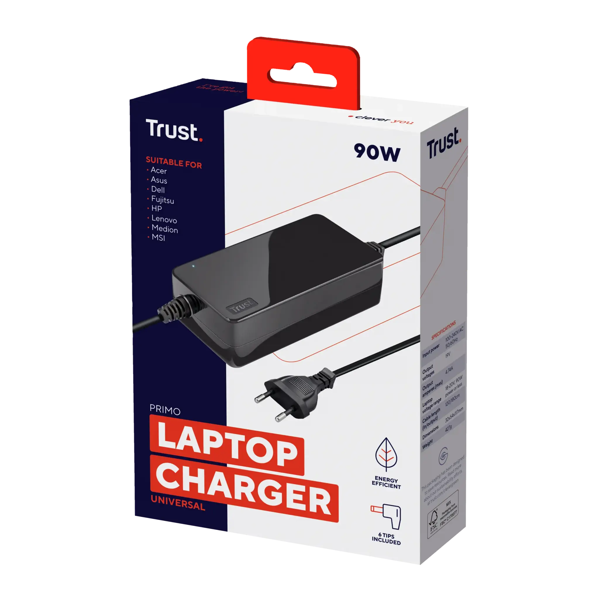 "Trust Primo" universalus 90 W nešiojamojo kompiuterio įkroviklis, Nešiojamasis kompiuteris, Vidinis, 100 - 240 V, 50/60 Hz, 90 W, 19 V