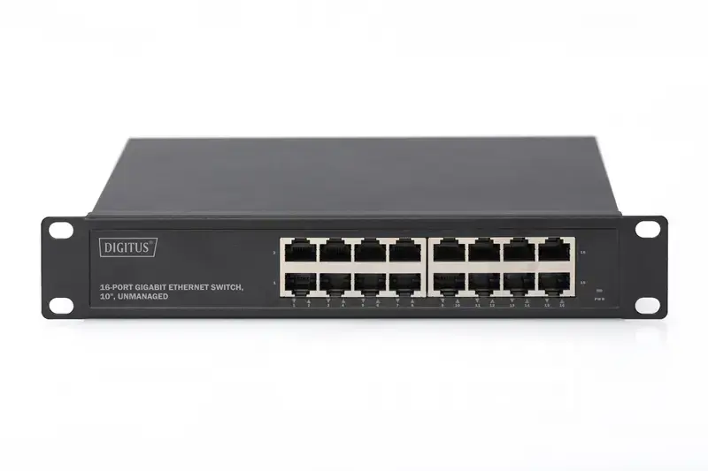 Digitus 16 prievadų Gigabit Ethernet komutatorius DN-80115 10/100/1000 Mbps (RJ-45), nevaldomas, montuojamas į stovą, maitinimo šaltinio tipas Vidinis, Ethernet LAN (RJ-45) prievadai 16