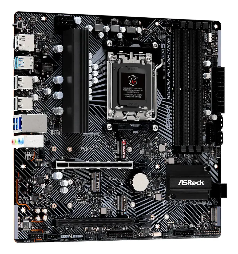 Pagrindinė plokštė ASROCK AMD B650 SAM5 Micro-ATX Atmintis DDR5 Atminties lizdai 4 1xPCI-Express 3.0 16x 1xPCI-Express 4.0 16x 3xM.2 1xHDMI 1xDisplayPort 4xUSB 2.0 3xUSB 3.2 1xUSB-C 1xRJ45 3xAudio prievadas B650MPGLIGHTNING