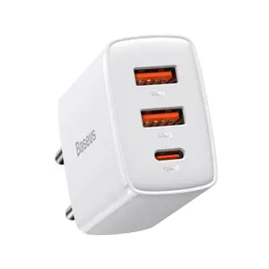 "Baseus" kompaktiškas greitasis įkroviklis, 2xUSB, USB-C, PD, 3A, 30W, baltas (baltas)