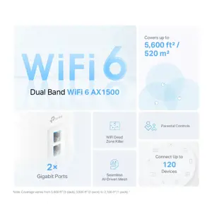 TP-Link AX1500 Whole Home Mesh Wi-Fi 6 System, White, Internal, Mesh router, 190 m², 0 - 40 °C, -40 - 60 °C