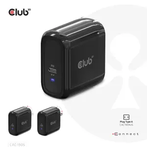 CLUB3D Travel Charger 65W GAN technology, Single port USB Type-C, Power Delivery(PD) 3.0 Support, Indoor, AC, Black