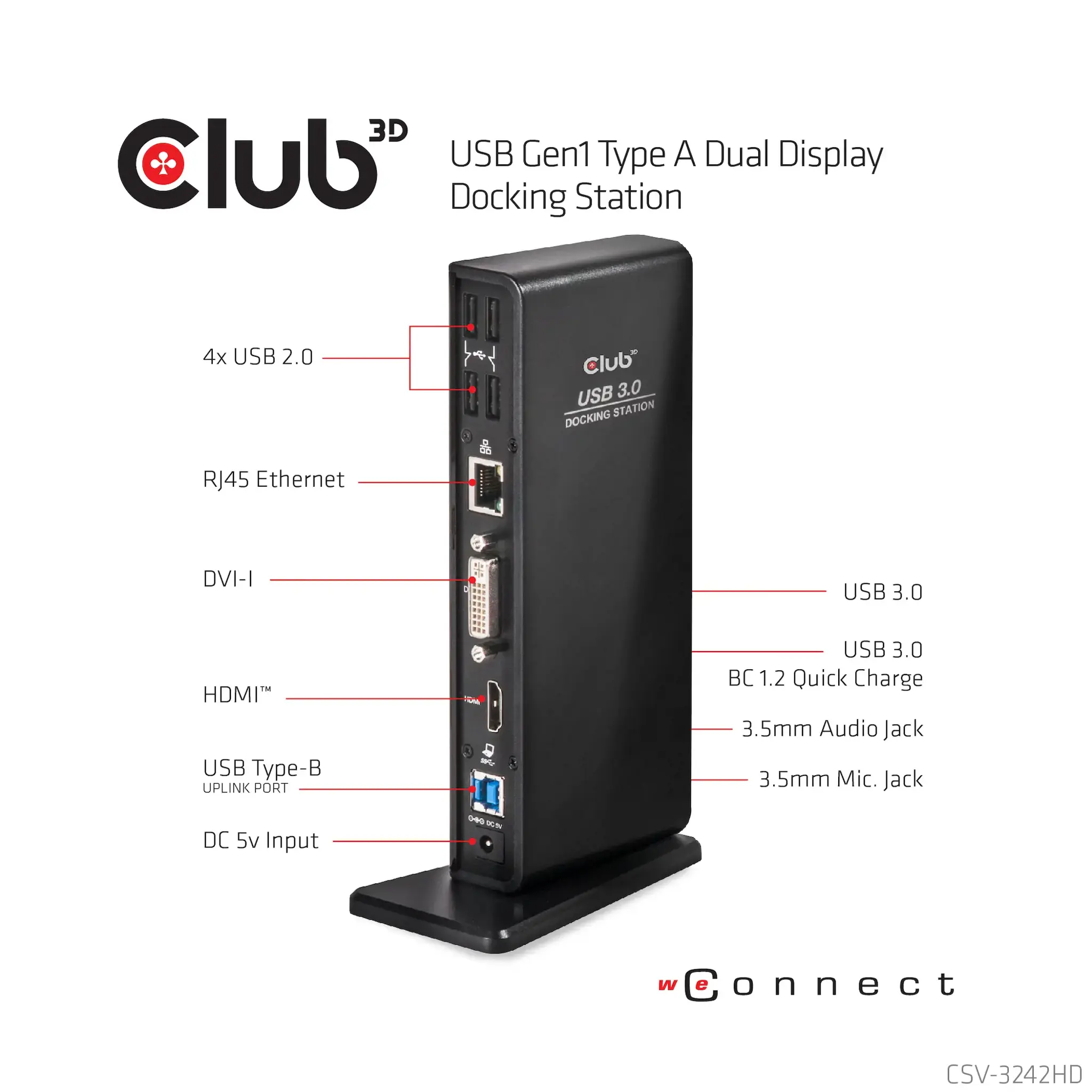 CLUB3D USB Gen1 Type A Dual Display ( HDMI and DVI) DisplayLink™ Docking Station, Wired, USB 3.2 Gen 1 (3.1 Gen 1) Type-A, 1.4a, 3.5 mm, USB Type-B, 10,100,1000 Mbit/s