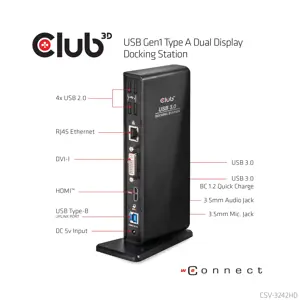CLUB3D USB Gen1 Type A Dual Display ( HDMI and DVI) DisplayLink™ Docking Station, Wired, USB 3.2 Gen 1 (3.1 Gen 1) Type-A, 1.4a, 3.5 mm, USB Type-B, 10,100,1000 Mbit/s