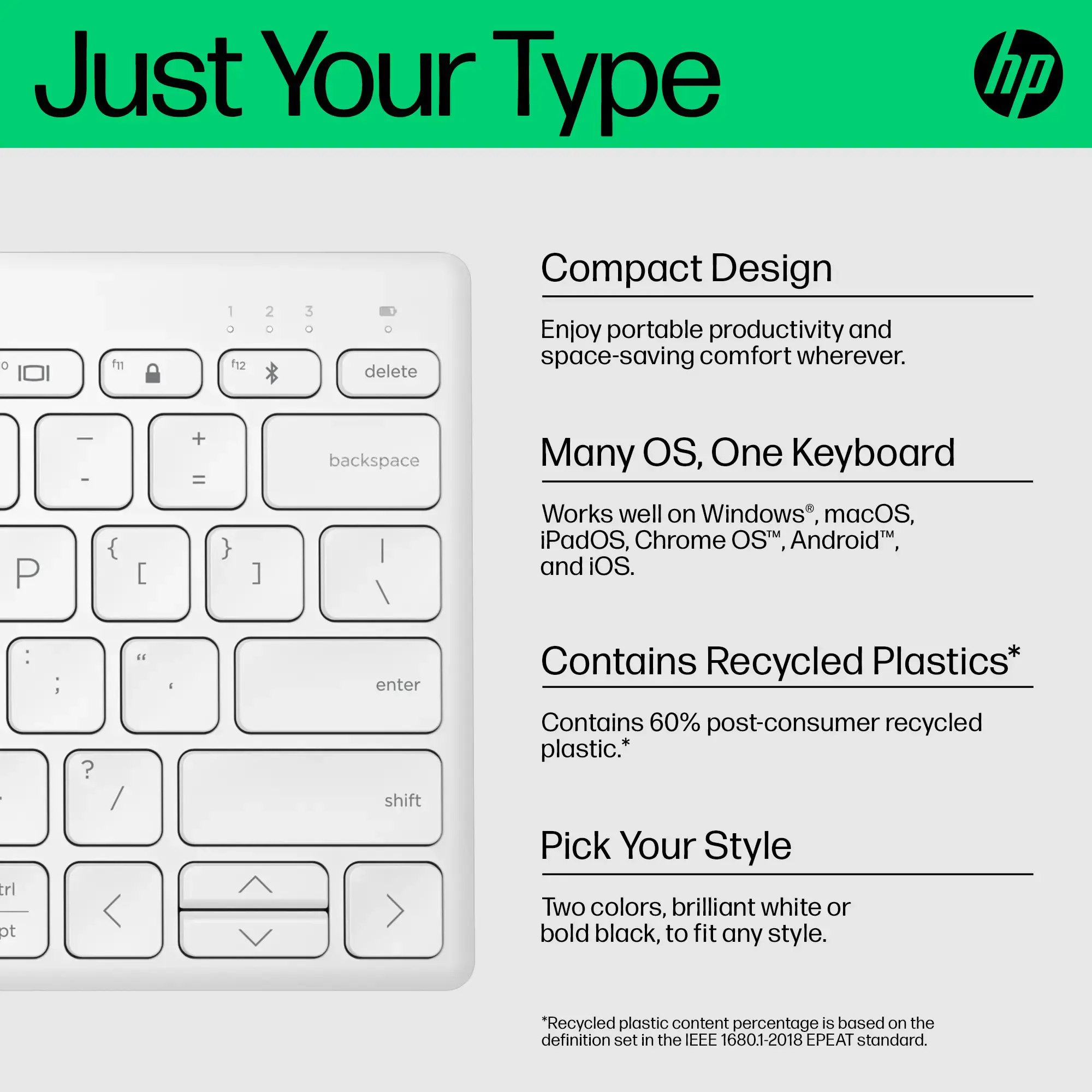 "HP 350 Compact Multi-Device Bluetooth" klaviatūra, mini, "Bluetooth", mechaninė, QWERTY, balta